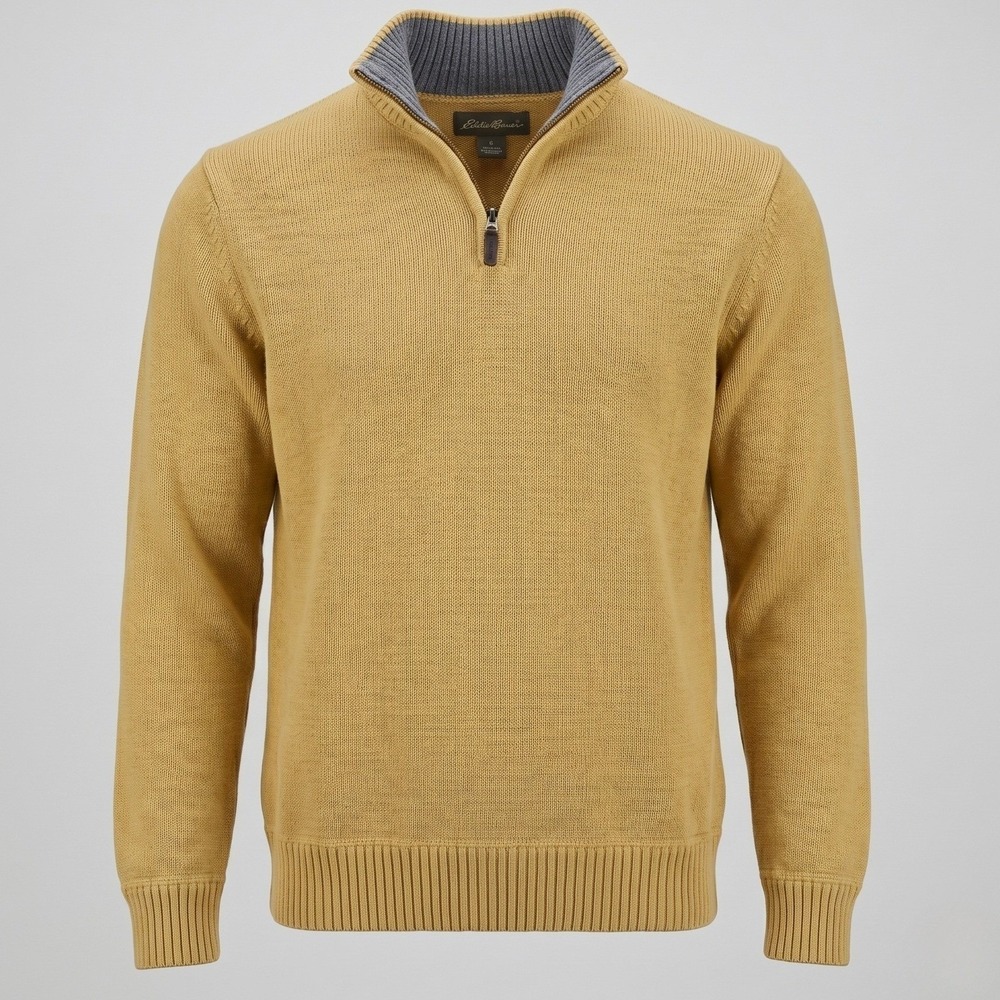 Eddie Bauer Mens XL Yellow Sweater Quarter Zip Mock Neck Cotton Knit Ribbed